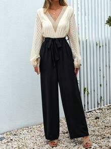 SHEIN VCAY Two Tone Contrast Lace Belted Jumpsuit - Multicolor - View 6