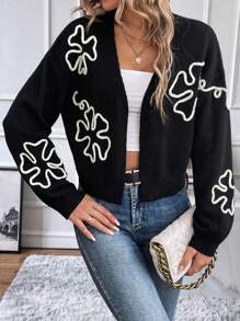 SHEIN LUNE 花卉圖案落肩袖開襟開衫 - 黑與白 - 查看 4