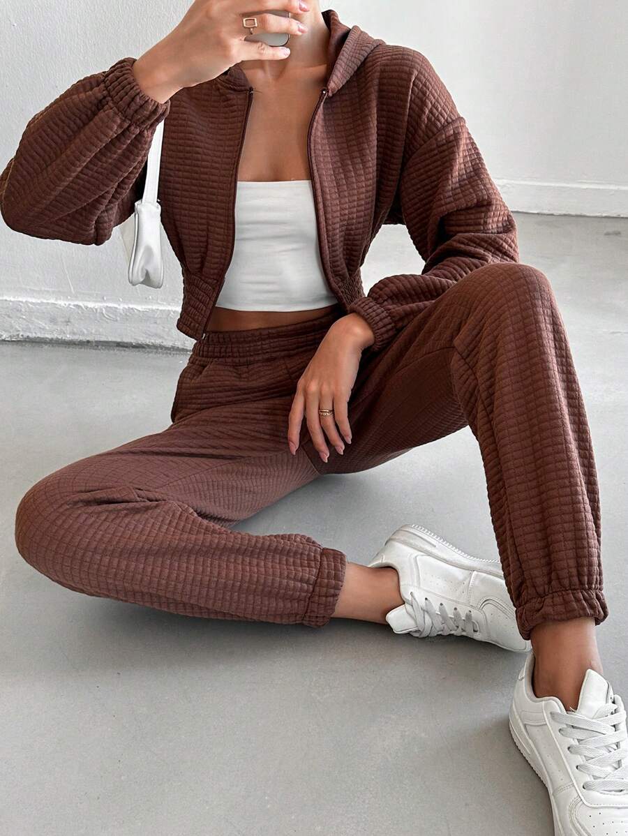 EURMUSE 2pcs Women Casual Zip-Up Hoodie Pullover Set - Brown - View 1