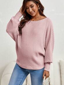 SHEIN Maternidad Camiseta de manga murciélago tejido de canalé - Rosa - Ver 3