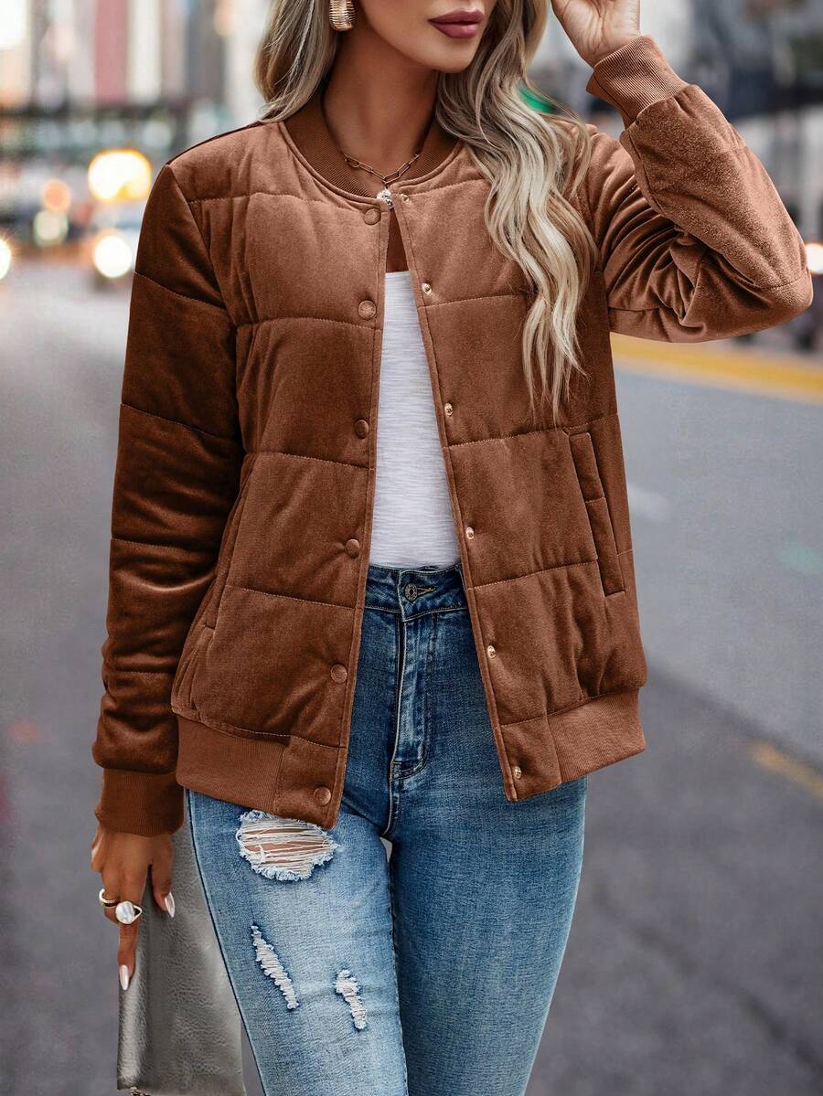 SHEIN Clasi 斜口袋飞行员夹克加厚棉服外套冬季 - 棕色 - 查看 1