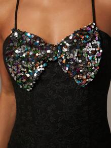 SHEIN Unity Contrast Sequin Bow Lace Overlay Dress - Black - View 4