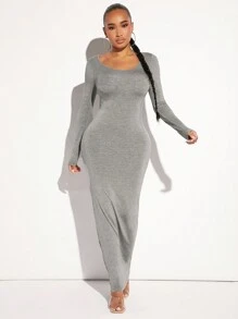 SHEIN SXY Solid Scoop Neck Bodycon Knitted Dress - Light Grey - View 4