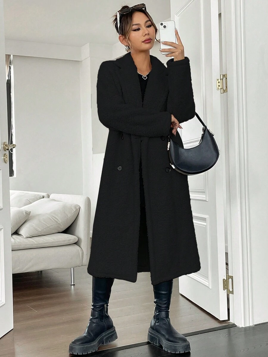 SHEIN Unity 素色西裝領雙排釦外套 - 黑色 - 查看 1