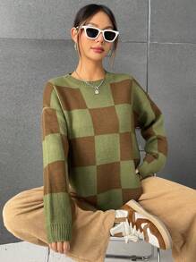 SHEIN EZwear Checker Pattern Drop Shoulder Sweater - Multicolor - View 3
