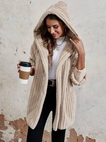 SHEIN Essnce Drop Shoulder Hooded Open Front Teddy Coat - Apricot - View 5