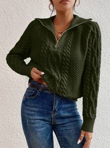 SHEIN LUNE Cable Knit Half Zip Raglan Sleeve Sweater,Long Sleeve Tops Knit Pullover Fall Winter Outfit - Army Green - View 6
