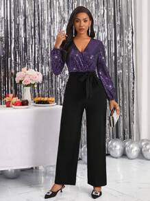 SHEIN Lady 亮片拼接腰帶闊腿連體褲 - 彩色 - 查看 6