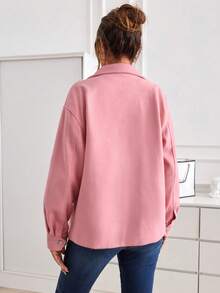 SHEIN Essnce 翻蓋口袋前紐扣落肩袖花呢外套 - 粉色 - 查看 2