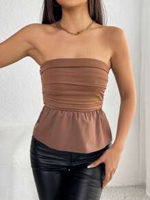 SHEIN PETITE Stevige Ruches Rucheszoom Tube tops - Koffie bruin - Bekijken 1