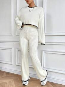 SHEIN Unity Contrast Trim Drop Shoulder Sweater & Knit Pants - Multicolor - View 3