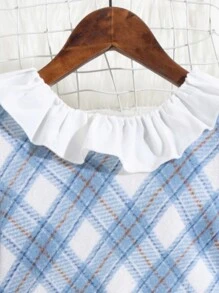 SHEIN Cô gái Tween Nơ mặt trước Viền Ruffle Xếp nếp Kẻ sọc Đầm - Màu xanh lam - Xem 3