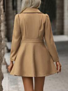 Chiquease Lapel Neck Double Breasted Fold Pleated Detail Overcoat - Khaki - View 2