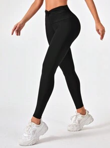 Yoga Sxy 素色扭結腰運動打底褲 - 黑色 - 查看 1