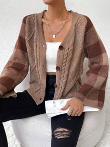 SHEIN Essnce Hoa văn kẻ sọc Xoắn Dan Nút phía trước Áo len Mở - Màu nâu  Mocha - Xem 1