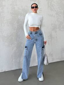 EURMUSE Women's Flap Pocket Washed Denim Jeans - Blue - View 5