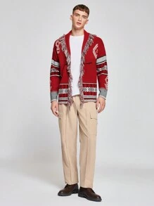 Manfinity RebelGame 男士幾何圖案青果領流蘇邊開襟衫 - 彩色 - 查看 4