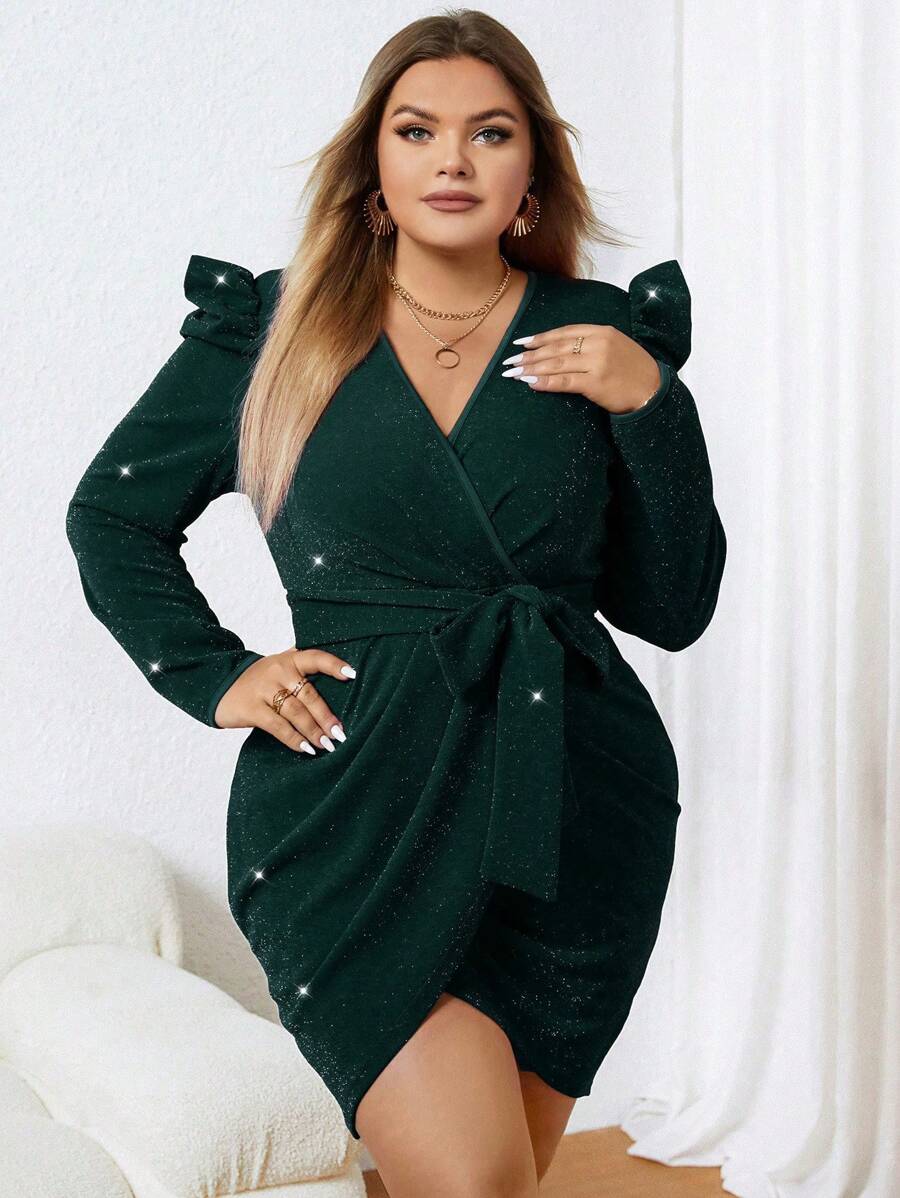 Celure Hơn Chất rắn Bọc Thắt lưng Váy sequin - Màu xanh lá cây đậm - Xem 1