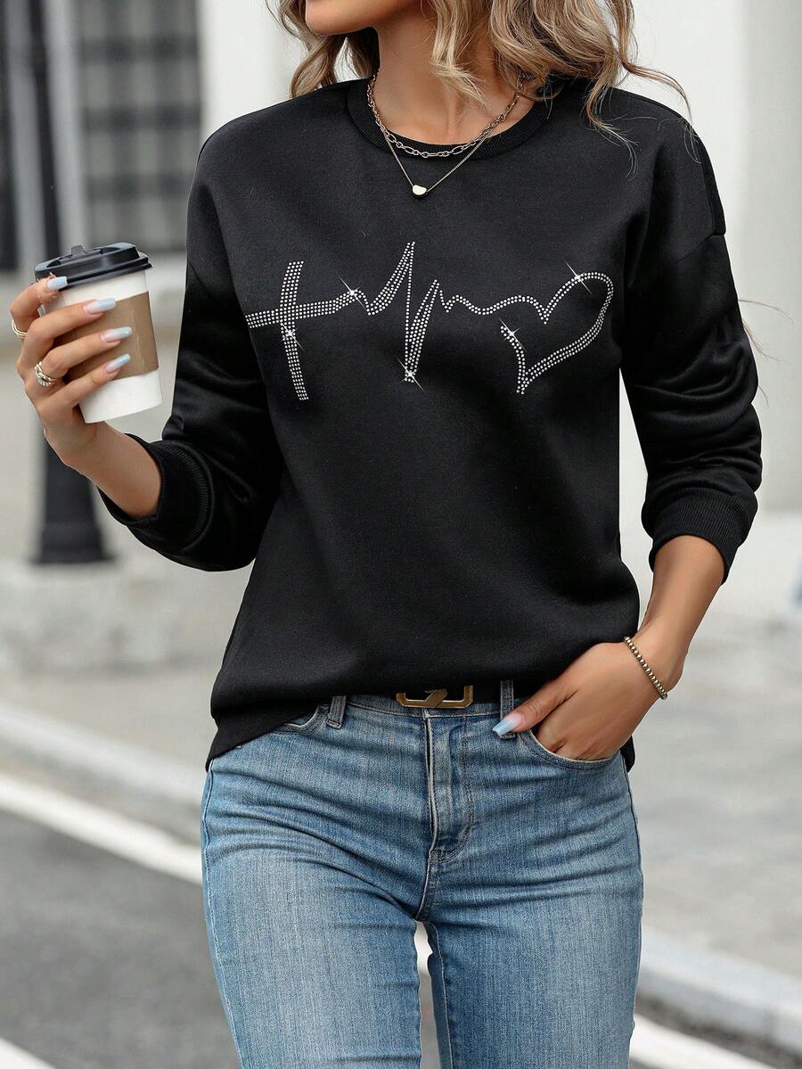 SHEIN LUNE 水鑽愛心圖案落肩袖運動衫 - 黑色 - 查看 1