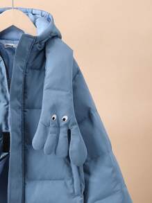 SHEIN 1 件适合青少年男孩的纯色连帽厚外套派克大衣，带 3D 卡通围巾装饰