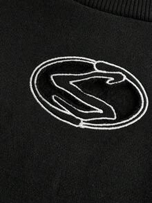 SHEIN 青少年女孩字母刺繡落肩袖套頭衫 - 黑色 - 查看 4