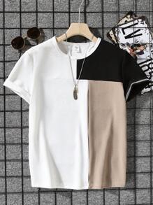 SHEIN Teen Boys' Fashion Short Sleeve Round Neck T-Shirt With Patchwork, Casual, Versatile, Comfortable And Simple - Multicolor - View 1