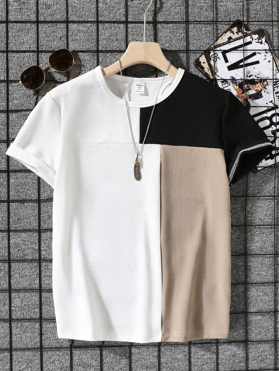 SHEIN Teen Boys' Fashion Short Sleeve Round Neck T-Shirt With Patchwork, Casual, Versatile, Comfortable And Simple - Multicolor - View 1