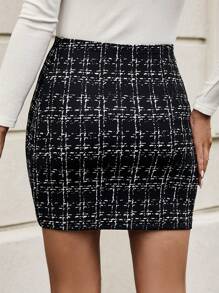 SHEIN LUNE Plaid Pattern Bodycon Skirt - Black - View 2