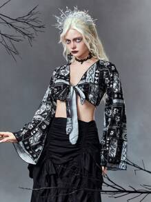 ROMWE Goth 花卉與蛇紋結正面短上衣 - 彩色 - 查看 6