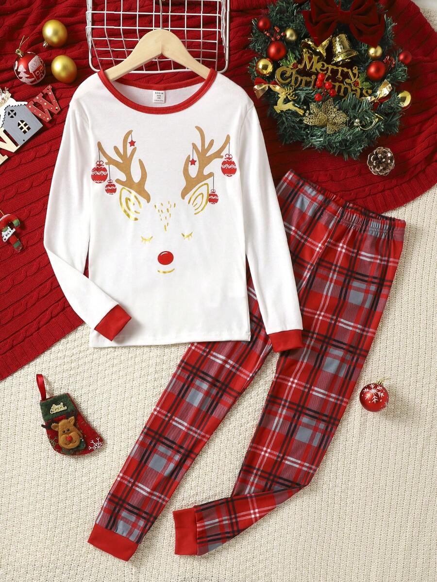 青少年女孩聖誕印花對比邊框上衣和格紋褲子緊身睡衣套裝 - 紅色 - 查看 1