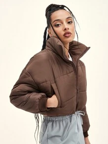 SHEIN Unity Slant Pocket Zipper Drop Shoulder Crop Padded Padded Coat Clothes Winter - Mocha Brown - View 7
