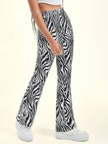 Muchica Split Hem Zebra Striped Pants - Black and White - View 5
