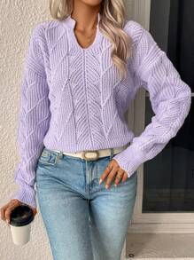 SHEIN Essnce 缺口領落肩袖套頭毛衣 - 紫色 - 查看 3