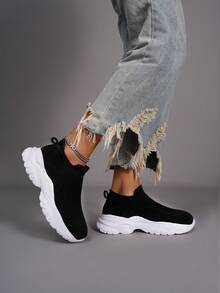 Teenagers' Breathable Sport Style Socks Shoes, Solid Color Sneakers - Black - View 2