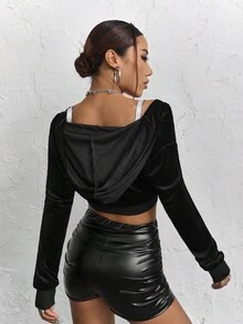SHEIN ICON 拉鏈開襟短款連帽衛衣 - 黑色 - 查看 2