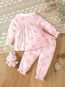 女嬰卡通圖案荷葉袖睡衣套裝