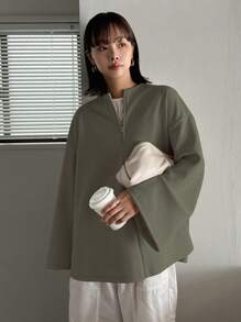 FRIFUL Solid Zipper Front Drop Shoulder Tee,Fall Clothes Long Sleeve Women Tops - Army Green - View 3