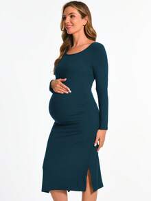 孕婦素色下擺開叉洋裝 - 藍色 - 查看 1