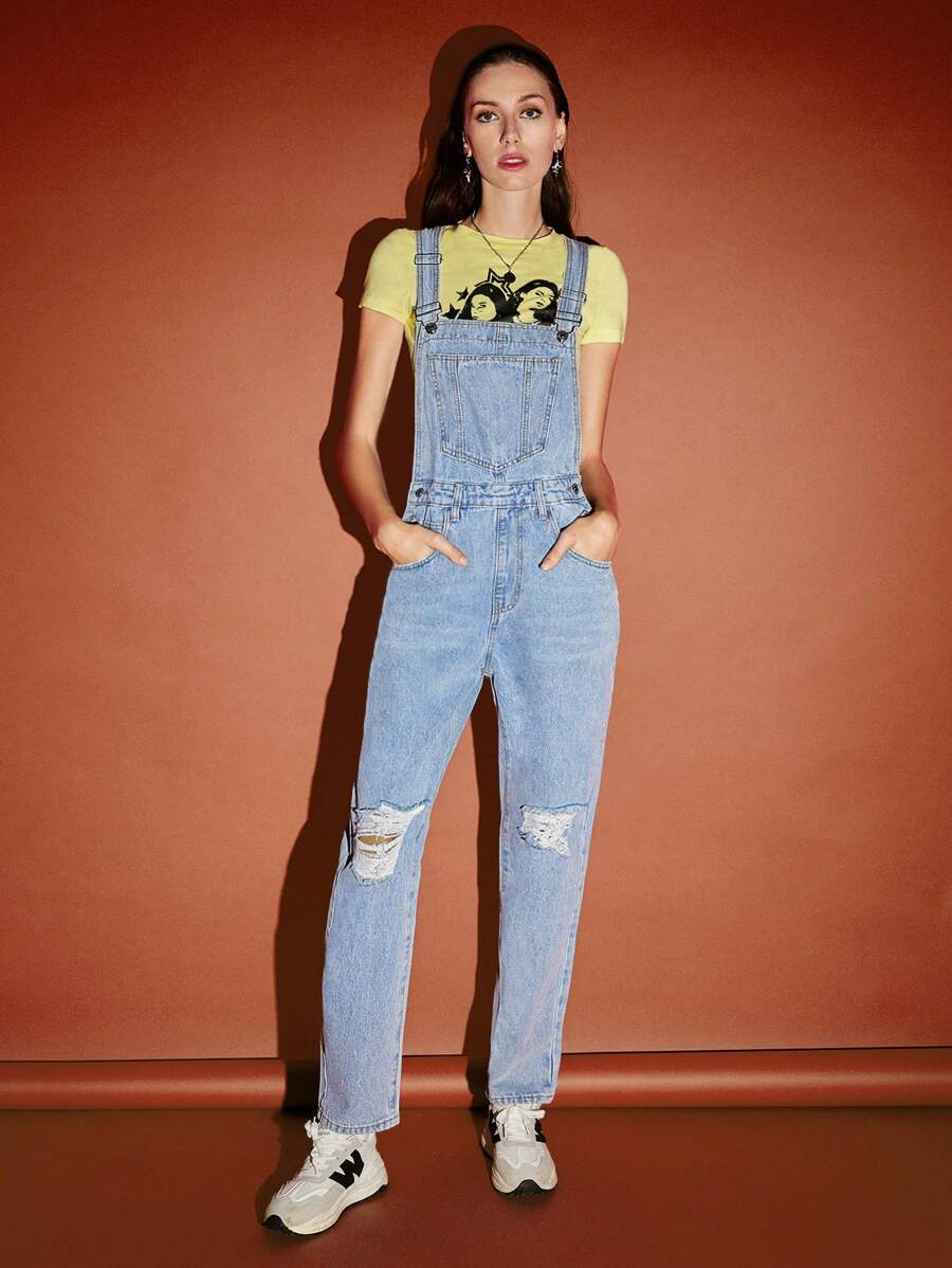 SHEIN EZwear Ripped Patched Pocket Denim Dungarees Without Tee - Light Wash - View 1