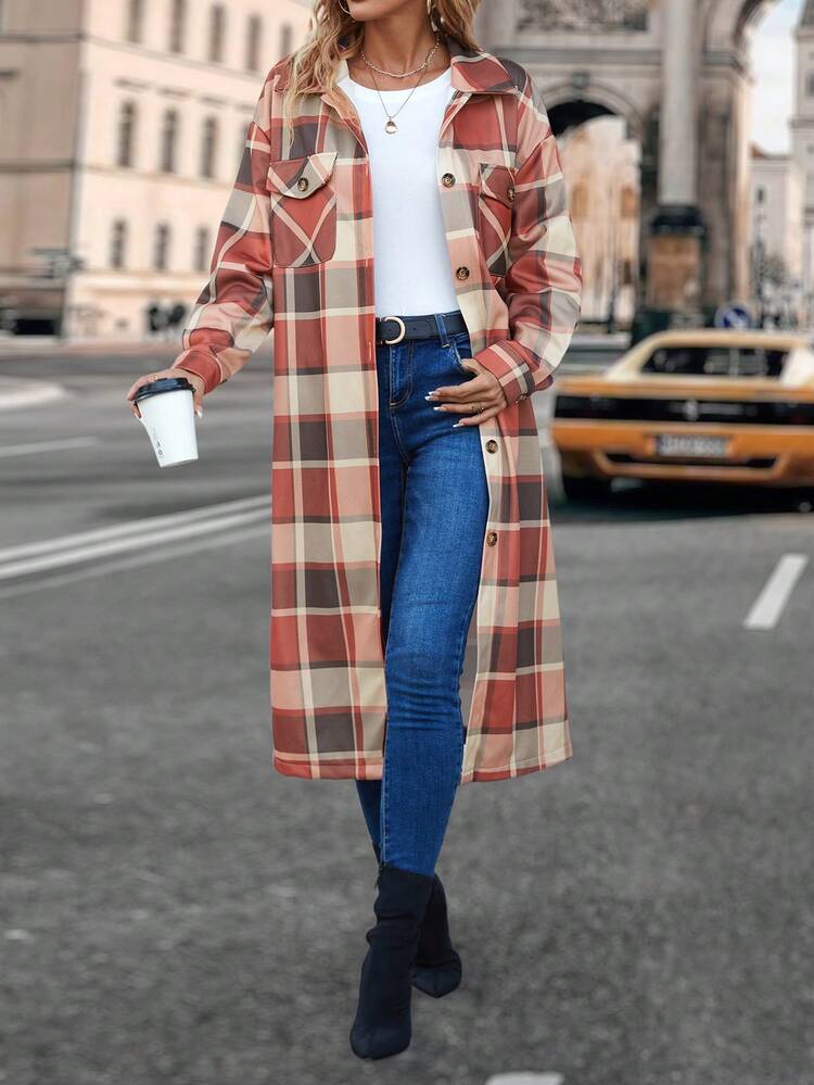 Plaid Print Drop Shoulder Flap Pocket Coat