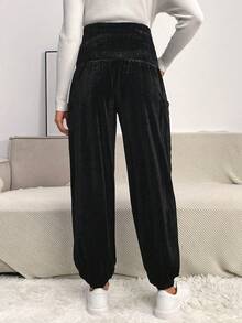 SHEIN 孕婦可調節腰帶腰側口袋長褲 - 黑色 - 查看 2