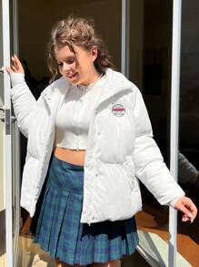 SHEIN EZwear 大碼女性燈芯絨夾克帶字母貼布 - 白色 - 查看 5