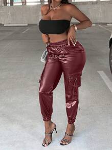 Slaydiva Flap Pocket Side PU Leather Cargo Pants - Burgundy - View 5