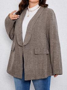 EMERY ROSE Plus Herringbone Print Shawl Collar Open Front Blazer - Brown - View 3