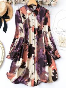 SHEIN Clasi Plus Tie Dye Button Through Shirt Dress Fall Cloth For Women - Violet Purple - View 1