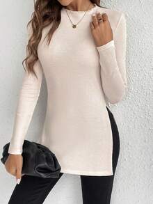 SHEIN Frenchy Solid Split Hem Tee - Apricot - View 6