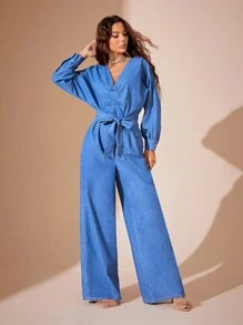 tay cánh Xù Thắt lưng Denim Áo liền quần - Màu xanh lam - Xem 4