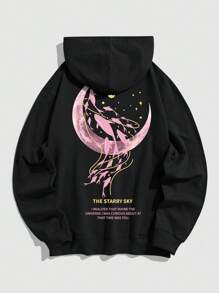 Nam In Khẩu hiệu & Mặt trăng Túi kangaroo Dây rút Hoodie - màu đen - Xem 1
