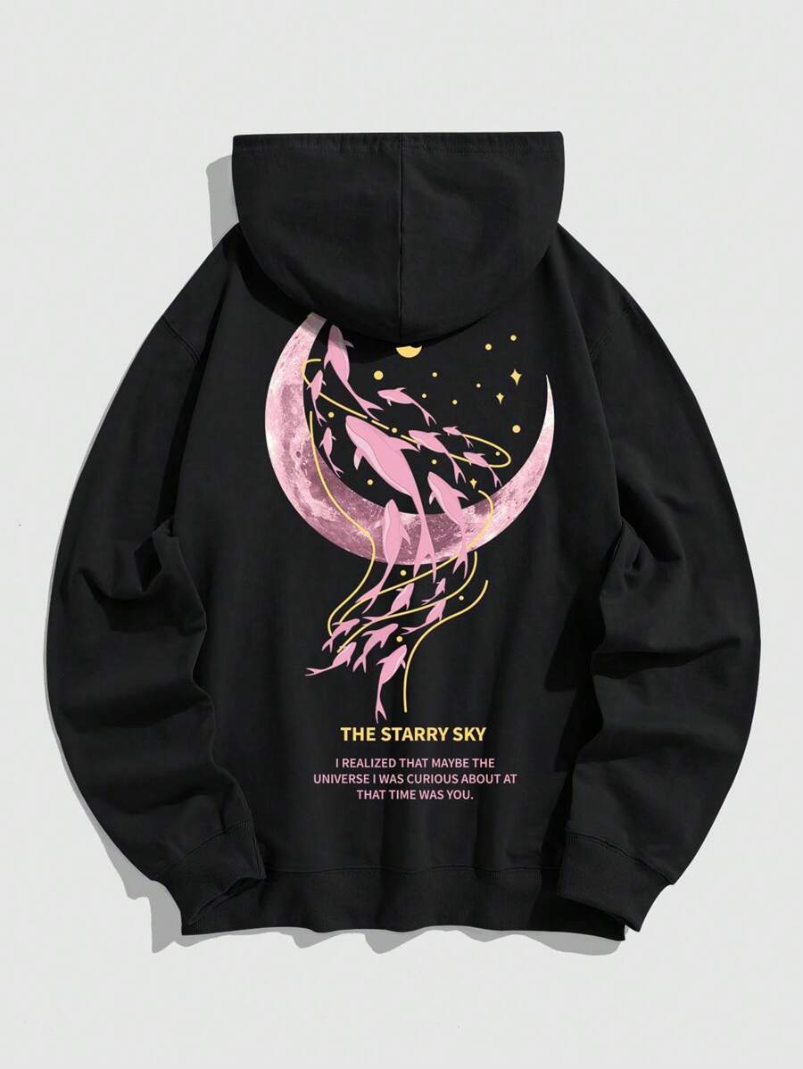 Nam In Khẩu hiệu & Mặt trăng Túi kangaroo Dây rút Hoodie - màu đen - Xem 1