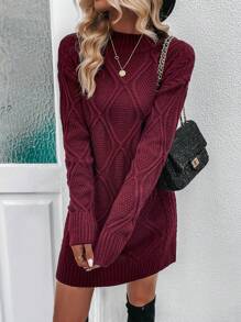 SHEIN Clasi Cable Knit Drop Shoulder Sweater Dress Without Belt - Burgundy - View 6